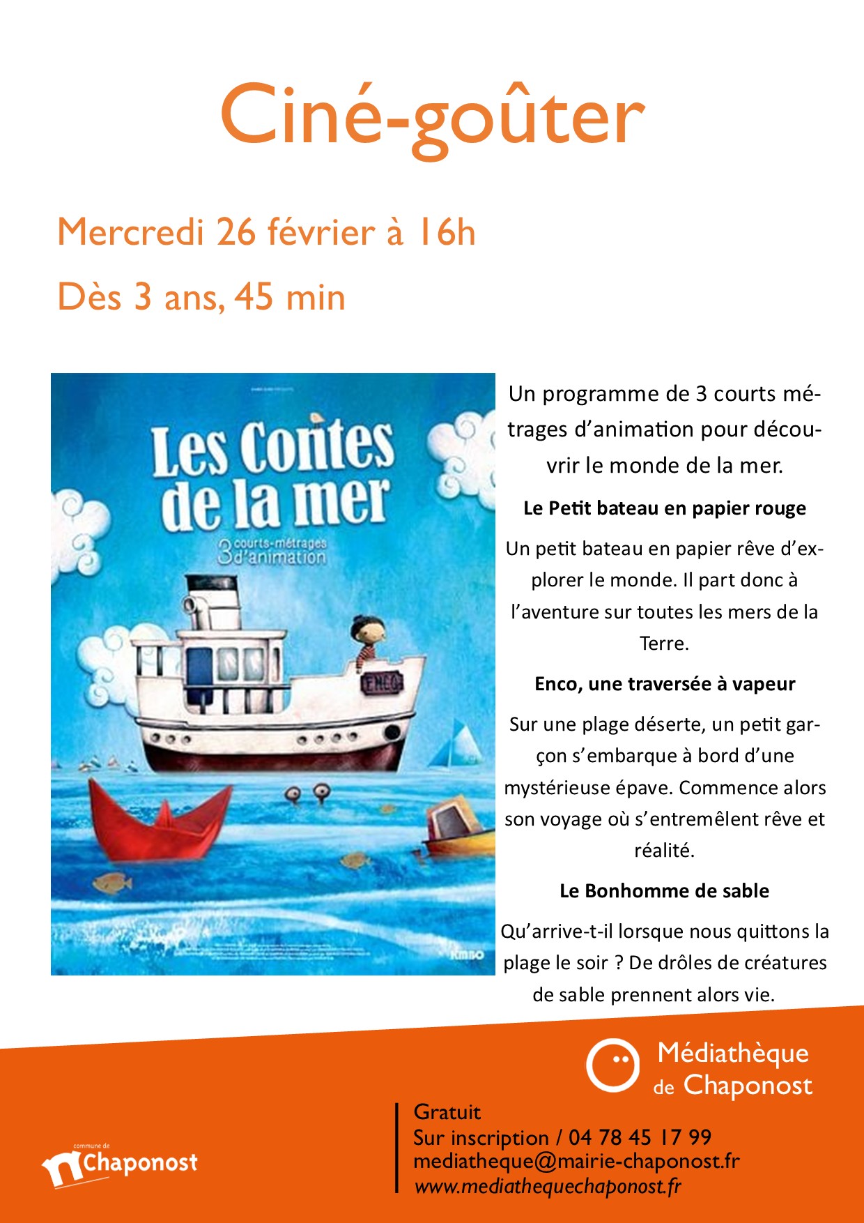 Ciné goûté dès 3 ans projetcion du film "les contes de la mer" durée 45 min