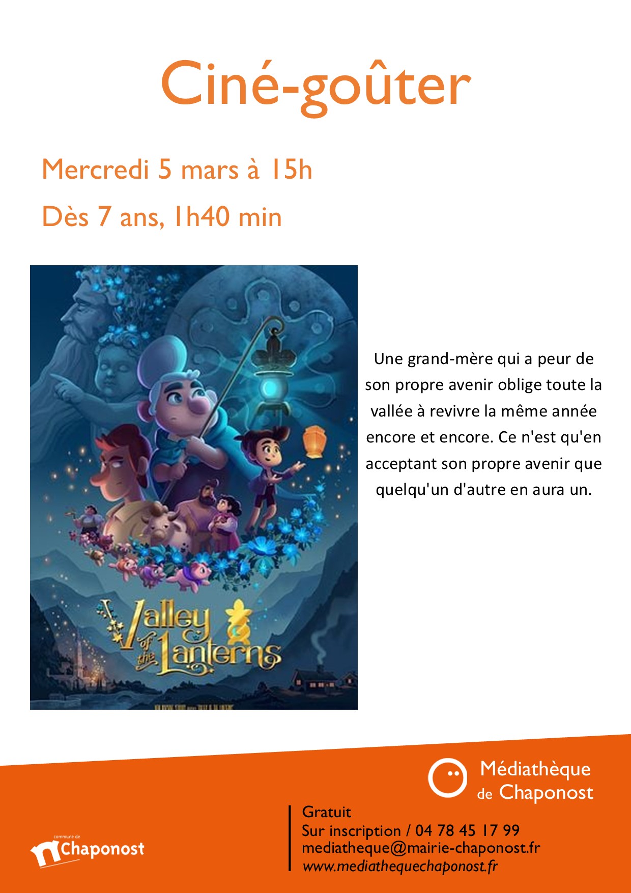 Affiche du ciné gouter du 5 mars à 15h projection du film la vallée des lanternes 