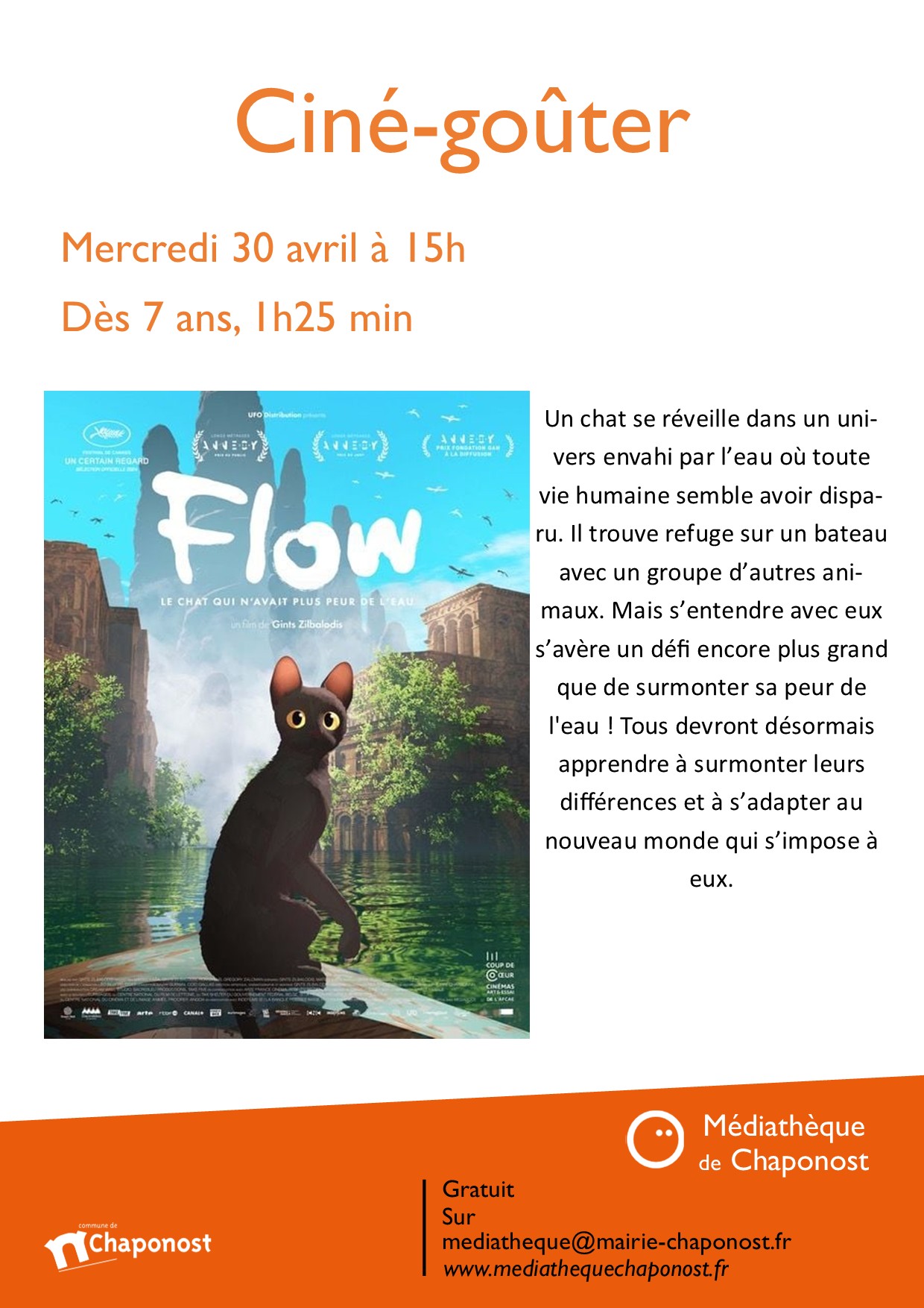 affiche du ciné gouter du 30 avril pour les enfats dès 7 ans
