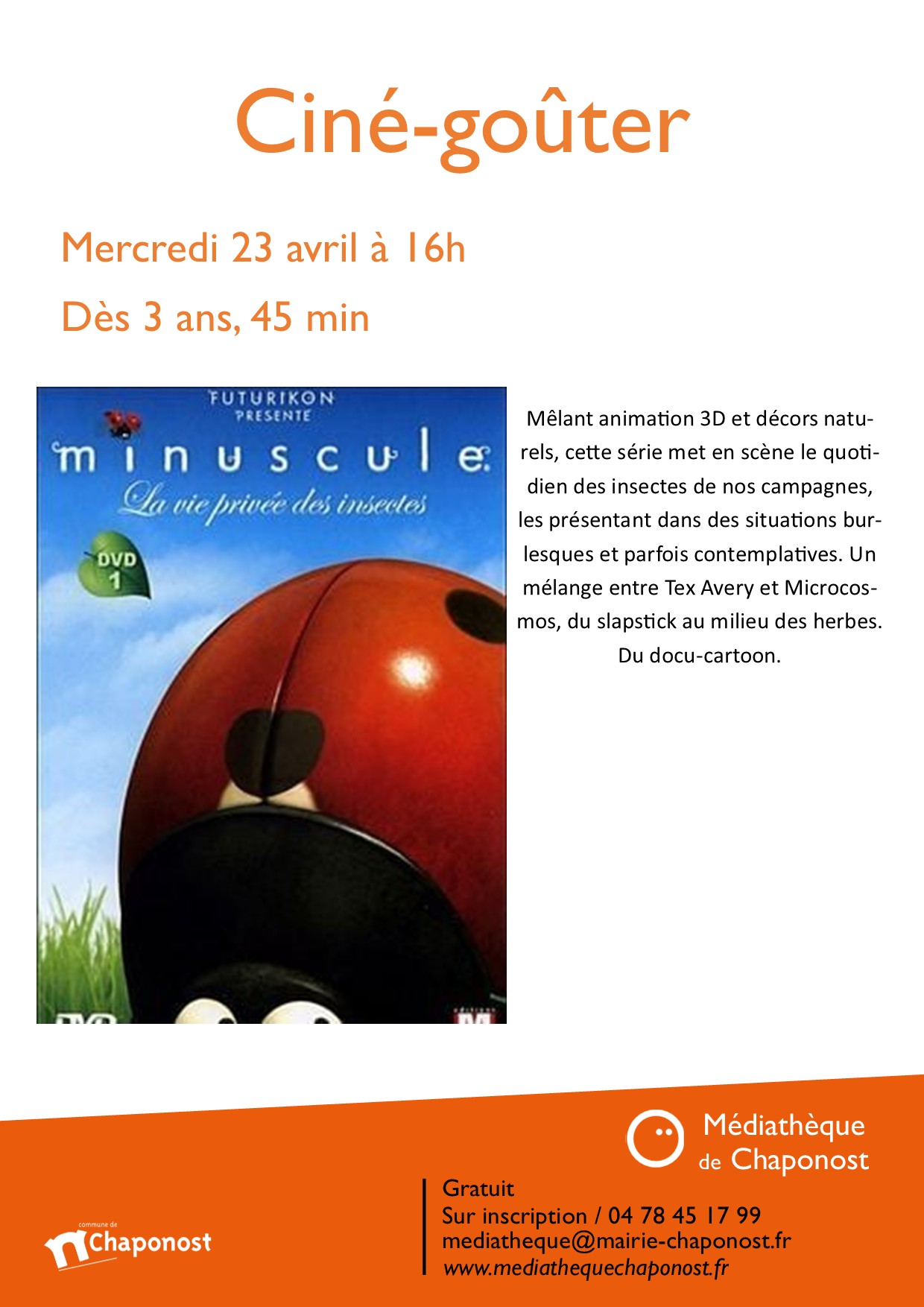 affiche du ciné gouter du 23 avril à 16h pour les enfanats dès 3 ans